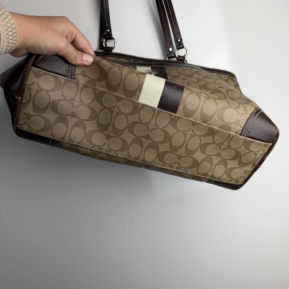 Coach Signature Stripe Diaper Bag Tote Brown Canvas Large Changing Pad